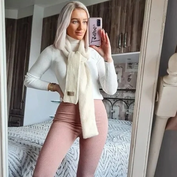 Beige / Cream Fuzzy Cable Knit Scarf Stretchy and Soft - Picture 5 of 5